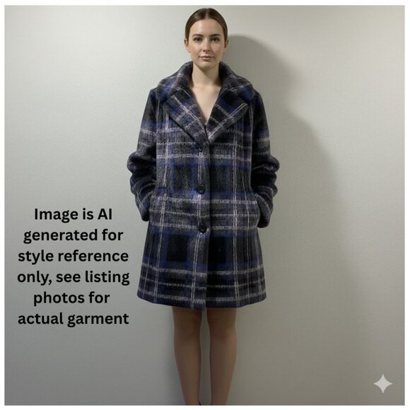 SAM EDELMAN NEW Faux Fur Plaid Long Sleeve Coat Black/Royal/Purple Size L - Picture 1 of 10